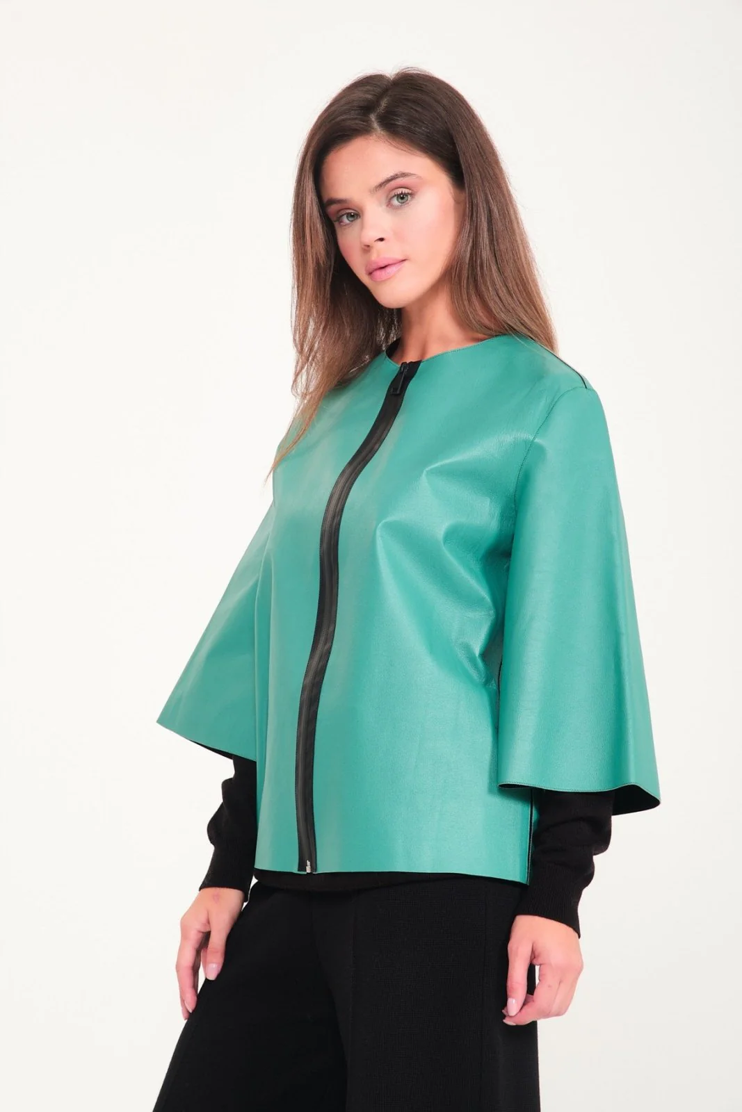 Water Green Leather Jacket - Image 5
